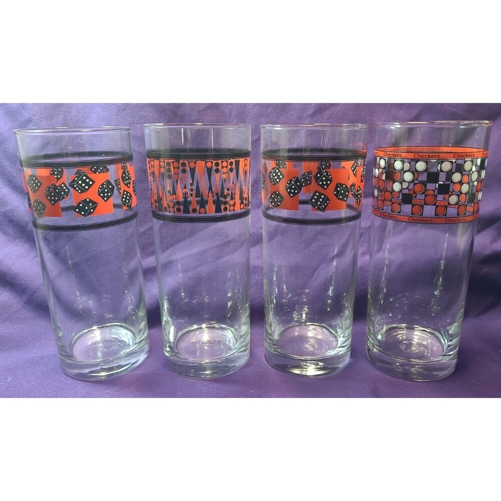 Set of 4 Game On MCM Glass Tumblers 6.5'' Dice Checkers Backgammon Vintage